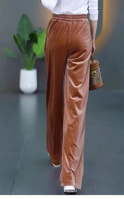 Korean Fashion Women Pleuche Pants Autumn Winter Elastic High Waist Solid Pockets Loose Office Lady Straight Wide Leg Trousers