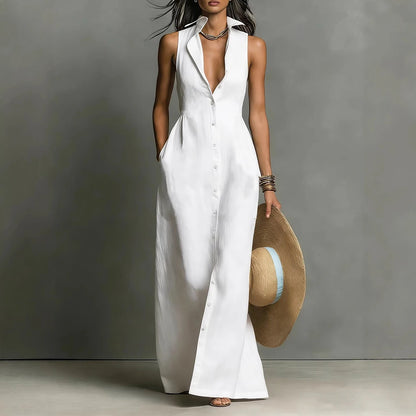 Women Maxi Dress Sleeveless Lapel Collar Button Down Shirt Dress With Pockets Deep V Neck Summer Beach Vacation Long Sundress