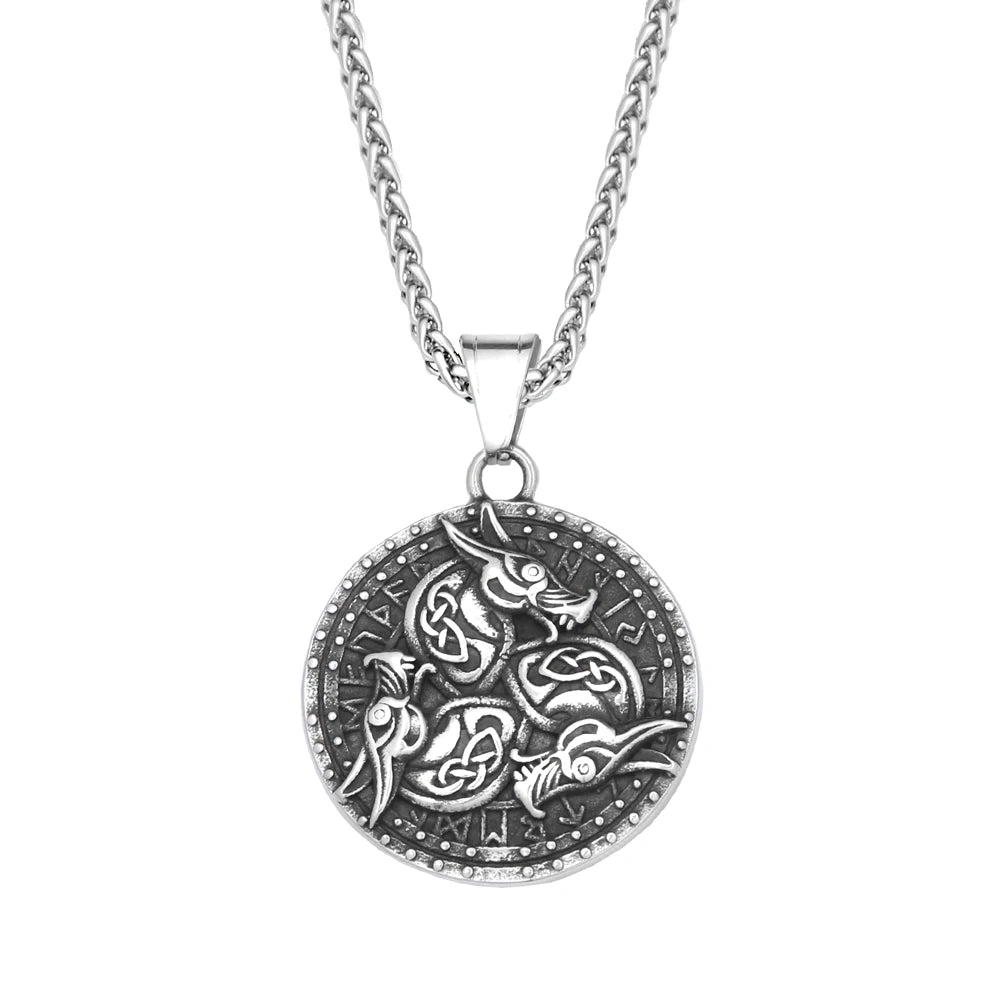Viking Dragon Pendant Necklace Stainless Steel Round Medallion Celtic Knot Rune Engraved For Men Norse Amulet Daily Wear Jewelry