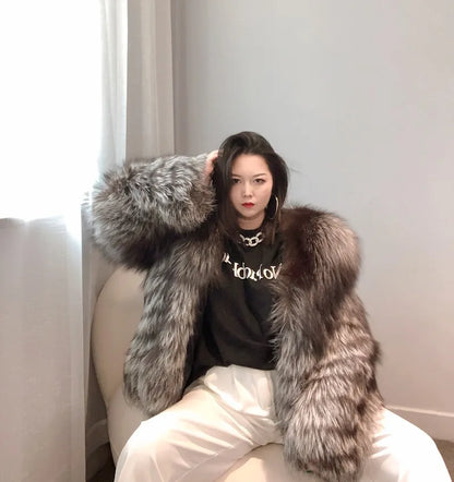 Real Natural Silver Fox Fur Coat Highend Quality Hood Genuine Women Winter Luxury Female Jacket Long Sleeve
