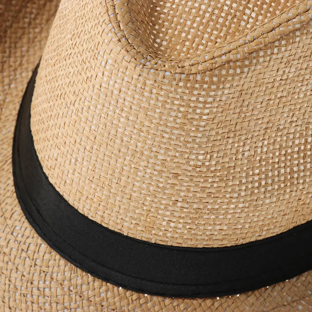 Unisex Fashion Beach Sun Cap Summer Wide Brim Straw Panama Cap Casual Jazz Dress Hat Cowboy Fedora Hat Gangster Cap