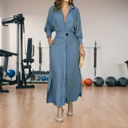 Women Fashion Solid Casual Dress Long Sleeve Office Lady Straight Minimalist Autumn Spring Vintage Elegant Midi Dress with Belt