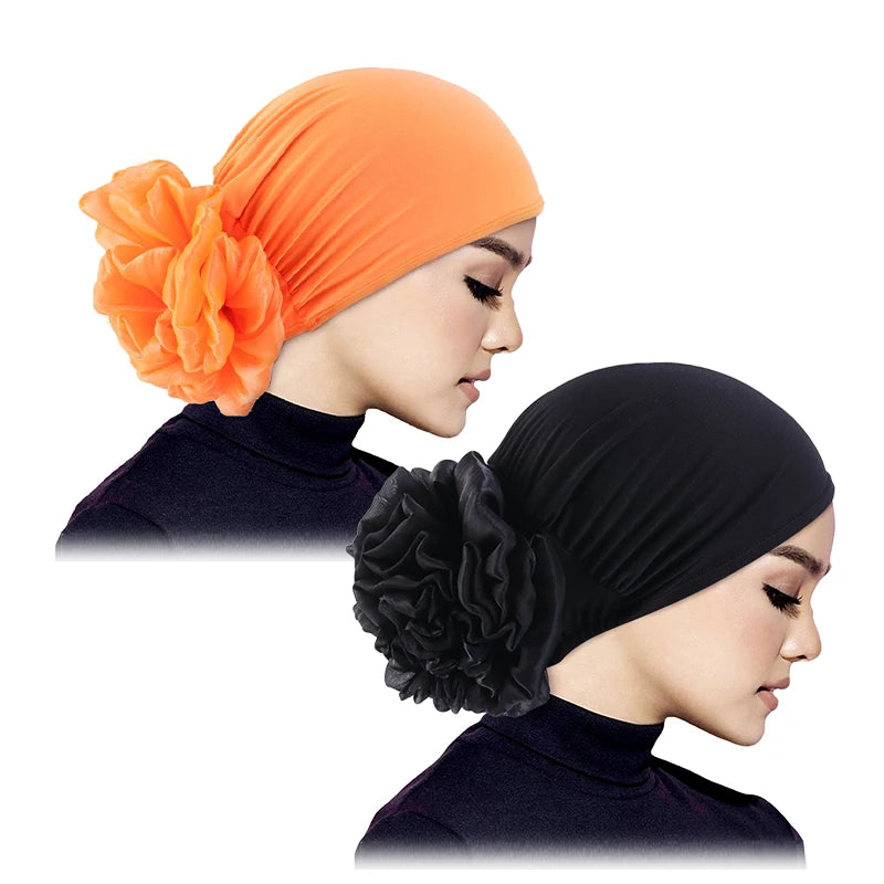 Women's Hijabs Turban Big Flower Elastic Cloth Hair Bands Hat Beanie Ladies Muslim Solid Hair Loss Scarf Cap Hair Accessories