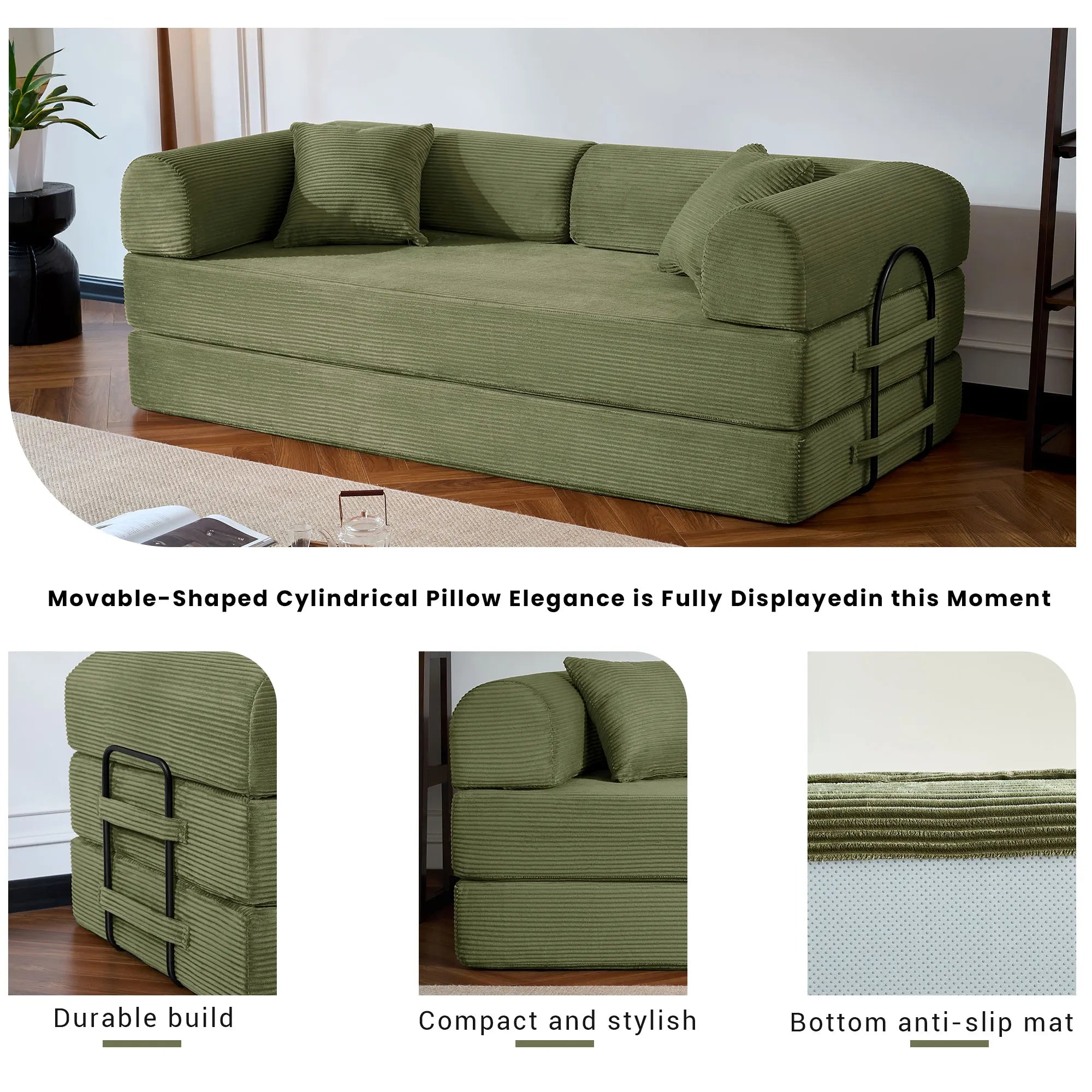 79’’ Folding Convertible Sofa Bed Corduroy Upholstered Boneless Couch, Loveseat Sleeper Floor Sofa for Living Room Bedroom - Kimlud