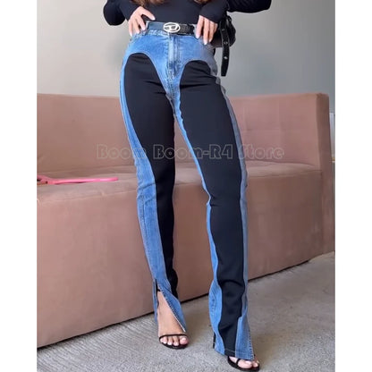 Y2K Contrast Paneled High-Waisted Denim Pants with Ankle Slits Fashion-Forward Street Style 2025 Denim Trend Essential |...