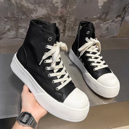 Celebrity Style Black High Top Men Shoes Thick Sole Height Increasing Couple Casual Round Toe High-end Short Boots