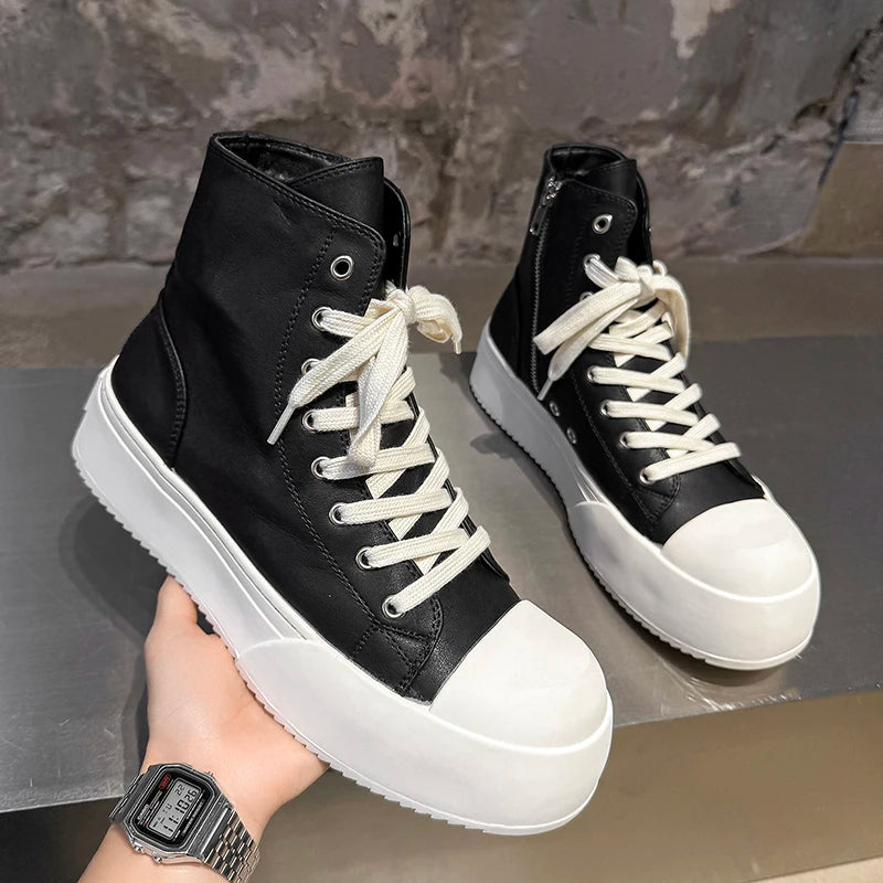 Celebrity Style Black High Top Men Shoes Thick Sole Height Increasing Couple Casual Round Toe High-end Short Boots