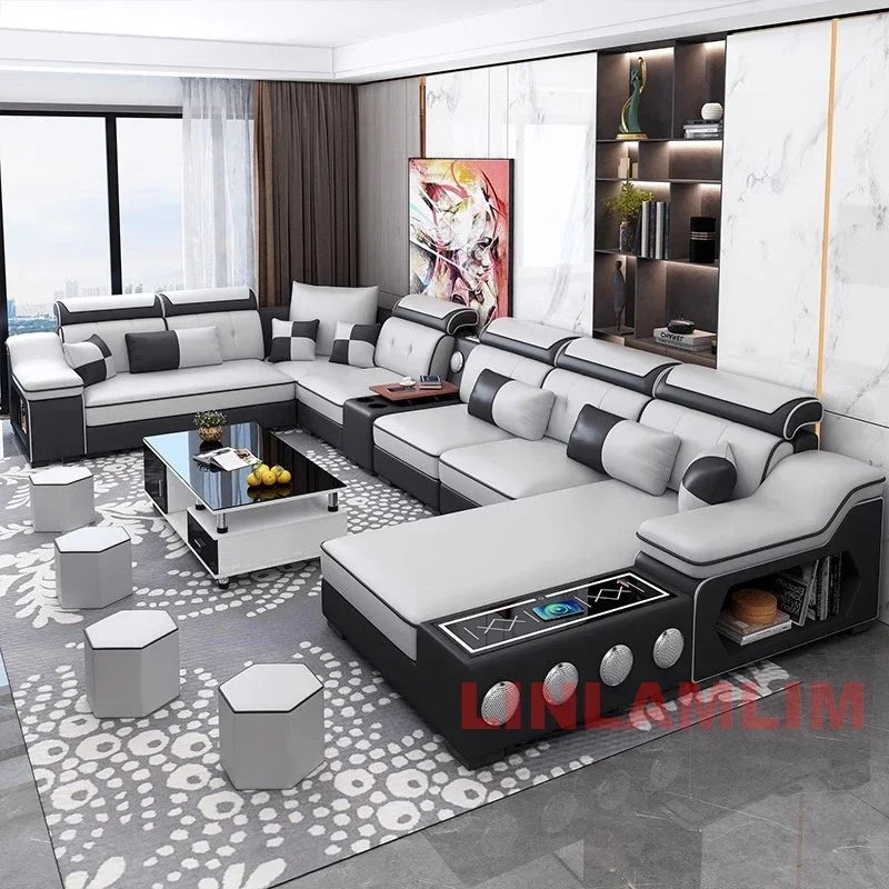 Linlamlim Modern Scientific Fabric Sectional Sofa Set with Chaise Lounge, Bluetooth Speakers, USB Charging Ports for Living Room