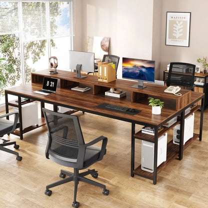 Tribesigns 78.74 Inches Extra Long Two-Person Desk, Double Computer Desk with Monitor Stand and Storage Shelves, Work Table
