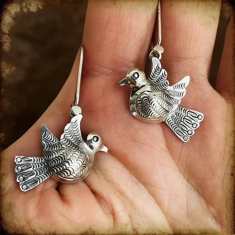 Vintage Black Stone Bird Animal Earrings for Women Silver Color Dangle Earrings Jewelry