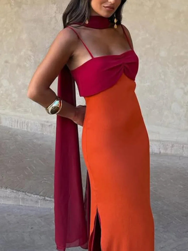 Women Color Blocking Scarf Collar Sling Dress Sexy Waist Cinching Split Bodycon Slim Fit Dresses 2026 Lady Highstreet...