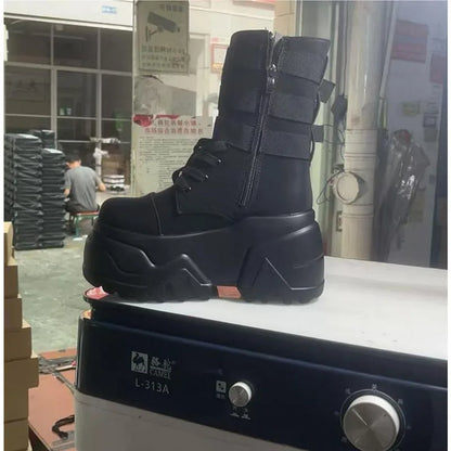 Women Ankle Booties Autumn Leather Chunky Shoes Woman High Platform Breathable Sneakers 9CM Thick Sole Wedges Motorcycles Boots