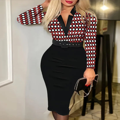 Women Color Block Diamond Print Bodycon Midi Dress Lapel V Neck Long Sleeve Belted Slim Party Pencil Dress | Kimlud...