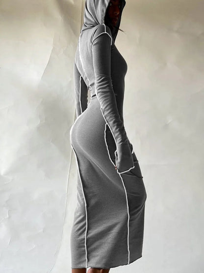 Hugcitar Long Sleeve Hooded Patchwork Skinny Maxi Dress 2021 Autumn Winter Women Fashion Streetwear Casual Outfits