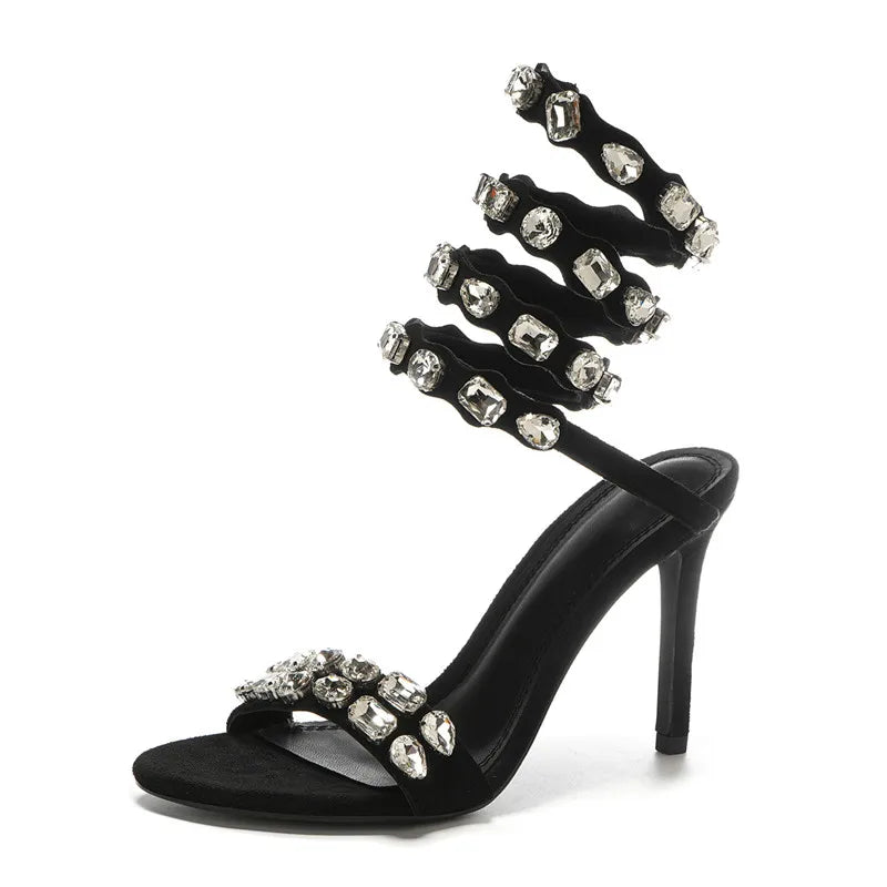 Star style Luxury Crystal Embellished Wraparound Women Sandals Stiletto High heels Gladiator Sandals Summer Wedding Prom Shoes - Kimlud