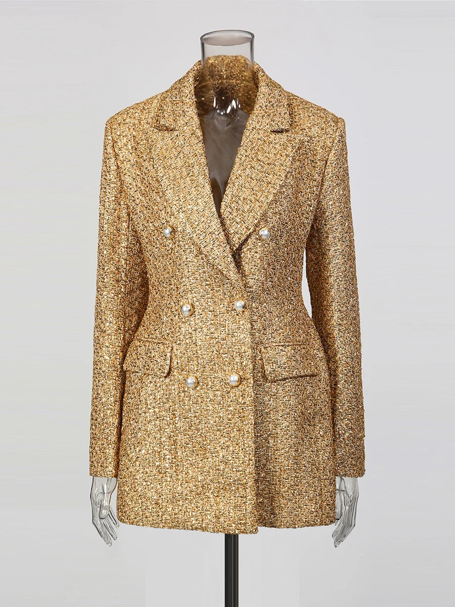 TWOTWINSTYLE Gold Slimming Spliced Double Breasted Fashion Blazers for Women Lapel Long Sleeves Tunic Temperament Blazer Female - Kimlud