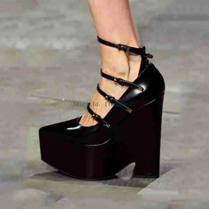 Platform Thick Heel Bucke Strap Pumps Sexy Pointed Toe Patent Leather New Arrivlas Fashion Women Modern Runway Shoes