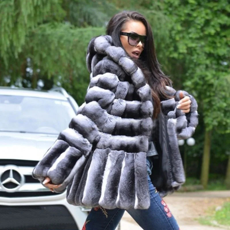 new brand of fur Coat Winter Fur Jacket For Women Thick Warm Rex Rabbit Fur Outerwear With Hood Luxury Full Pelt Jackets