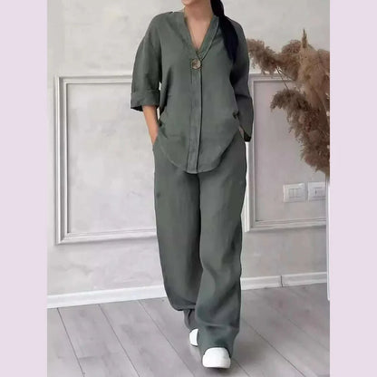 Casual Solid Color Pullover Long Pants 2-piece Set Women's Cotton and Linen Pants Suit White Pink