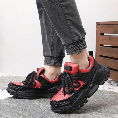 Fashion Genuine Leather Platform Ankle Motorcycle Boots Casual Chunky Walking Boots Low Cut Derby Shoes Men's Loafers Red