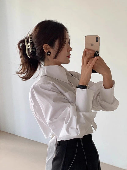 Zoki Korean Cropped White Shirts Women Back Lace Up Design Blouse Vintage Casual Long Sleeve Lady Elegant Hollow Out...