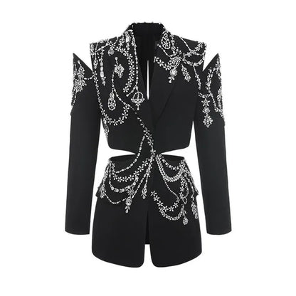 Luxury Women Crystal Beading Blazer Tops Sexy Backless Hollow Out Suit Coat Runway Designer Long Shiny Baroque Diamonds Jacket