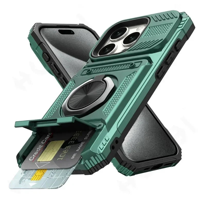 Case For iPhone 16 15 14 13 12 11 Pro Max XS XR 8 7 Plus Magnetic Rotated Ring Kickstand Heavy Duty Drop Protection Wallet Cover - Kimlud