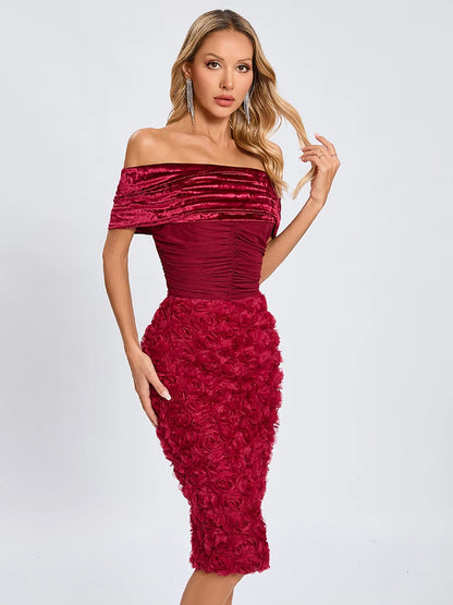 VC Red Off The Shoulder Midi Dress Flower Patchwork Mesh Slash Neck Velvet Bodycon Prom Celebrity Cocktail Party Wear Vestidos