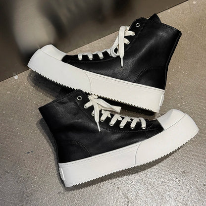 Celebrity Style Black High Top Men Shoes Thick Sole Height Increasing Couple Casual Round Toe High-end Short Boots