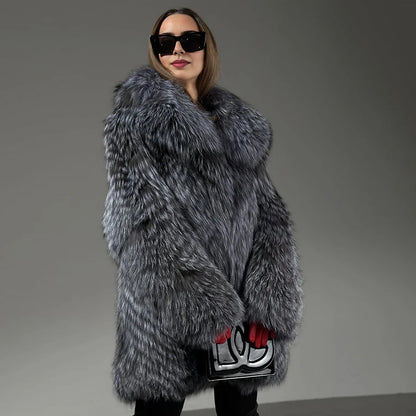 Natural Silver Fox Fur Coats With English Collar Women's Full Skin Fur Jacket Long Real Fox Fur Coat Best Seller Furry Jackets