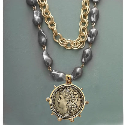 2025 chunky layer Jewelry Luxurious imitation grey pearl exaggerate coin charm pendant Clasps Carabiner Necklace...