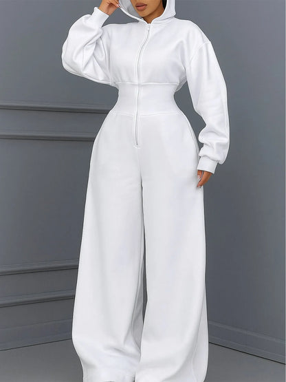 Women's Hooded Zipper Elastic Waist Jumpsuit Long Pants Sports Casual Solid Color Comfortable Casual Cross-Border Style