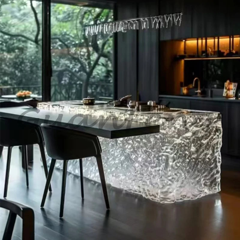 Premium Light Luxury Transparent Resin Hotel Front Desk Restaurant Villa Kitchen Partition Luminous Crystal Glacier Island Table