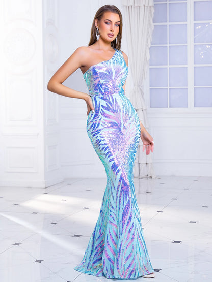 Romagic One Shoulder Flower Sequined Cocktail Party Dress Sleeveless Stretchy Evening Gown Wedding Floor Length Women Dresses - Kimlud