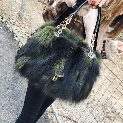 Fox Fur Women's Bag Fashion Large Capacity Furry Women's Handbag Designer Luxury Bag Handheld Crossbody High End Furry Bags Big