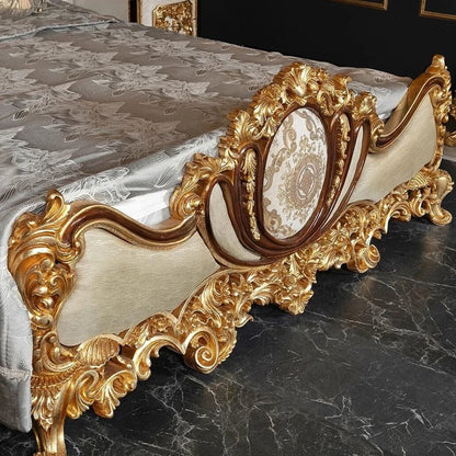 Elegant Hand Carving Design Vintage Gold Wooden King Queen Bed Classical Fabric Upholstered Luxury Bedroom Furniture - Kimlud