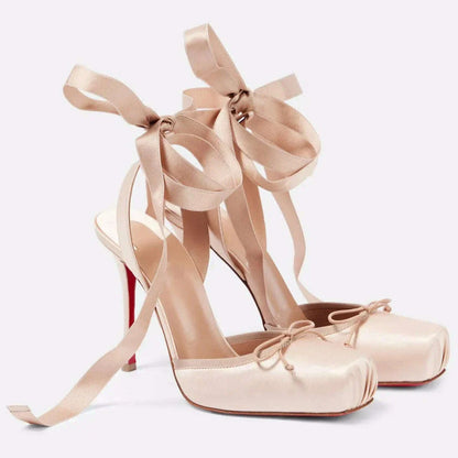 Balck Stain Lace Up Ballet Shoes Girl Pink Square Toe Bow Tie Stiletto Heel Ankle Strap Slingback Elegant Summer Sexy Pumps