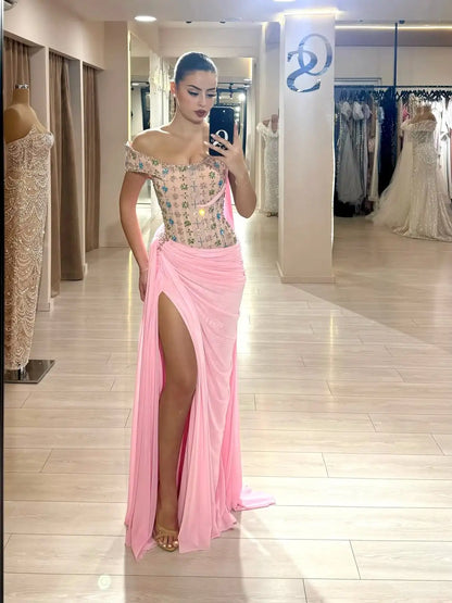 Ofherown Elegant Pink One-Shoulder Evening Dresses Beaded Floral High Slit Draped Prom Gowns Vestidos De Festa Customized