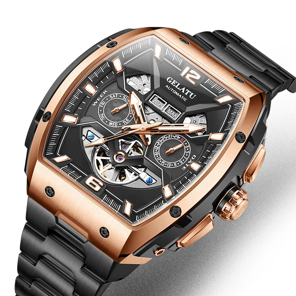 Reloj Hombre Watches Mens GELATU Top Brand Luxury Rose Black Skeleton Tourbillon Automatic Mechanical Watch for Men...