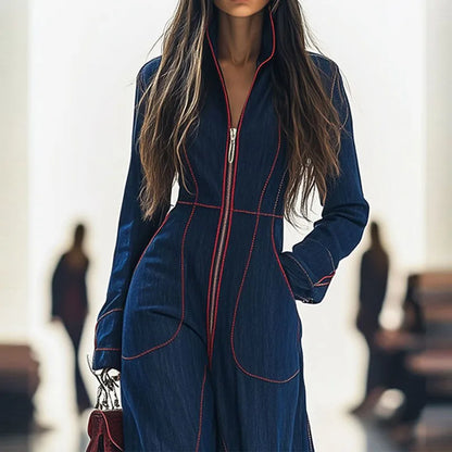 Lady Sexy V-neck Long Sleeve Cargo Playsuit Casaul Pocket Street Solid Long Romper Elegant Zipper Waist Slim Cowboy...