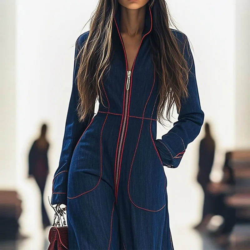 Lady Sexy V-neck Long Sleeve Cargo Playsuit Casaul Pocket Street Solid Long Romper Elegant Zipper Waist Slim Cowboy...
