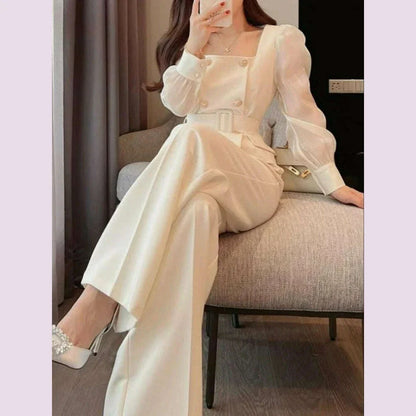 Sets Women Chic Korean Style Spring New Graceful Square Collar Tops Simple Wide Leg Pants Temperament Office Ladies Two Pieces