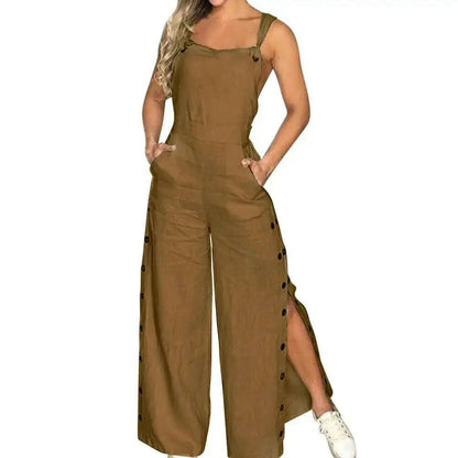 Women's Sleeveless Wide Leg Jumpsuit with Side Pockets And Button Solid Color Loose Straight-Leg Romper for Women Summer Outfit