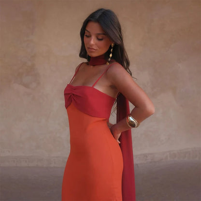 Women Color Blocking Scarf Collar Sling Dress Sexy Waist Cinching Split Bodycon Slim Fit Dresses 2026 Lady Highstreet...