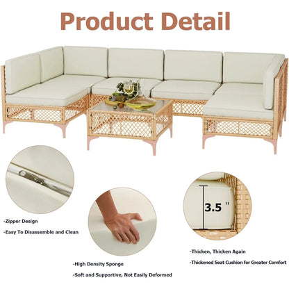 Outdoor Patio Furniture Set, Wicker Outdoor Sectional Set, Boho Patio Conversation Sectional Sofa with Large Tempered...