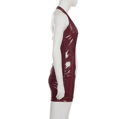 Sexy Pu Leather Bodycon Dress Slim-Deep V-Neck Sleeveless Backless Mini Dresses For Women 2025 Summer Fashion Streetwear...