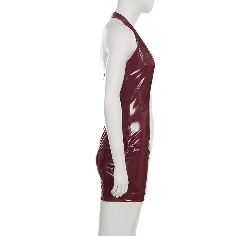 Sexy Pu Leather Bodycon Dress Slim-Deep V-Neck Sleeveless Backless Mini Dresses For Women 2025 Summer Fashion Streetwear...
