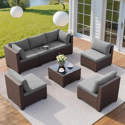 7 Pieces Outdoor Patio Furniture Set, PE Rattan Outdoor Wicker Sectional Furniture Sofa Set, with Cushions | Kimlud...