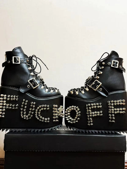 Women Motorcycle Boots women super high thick Heels pumps Cool Lady knight customized boots girl punk Gothic long boots rivets