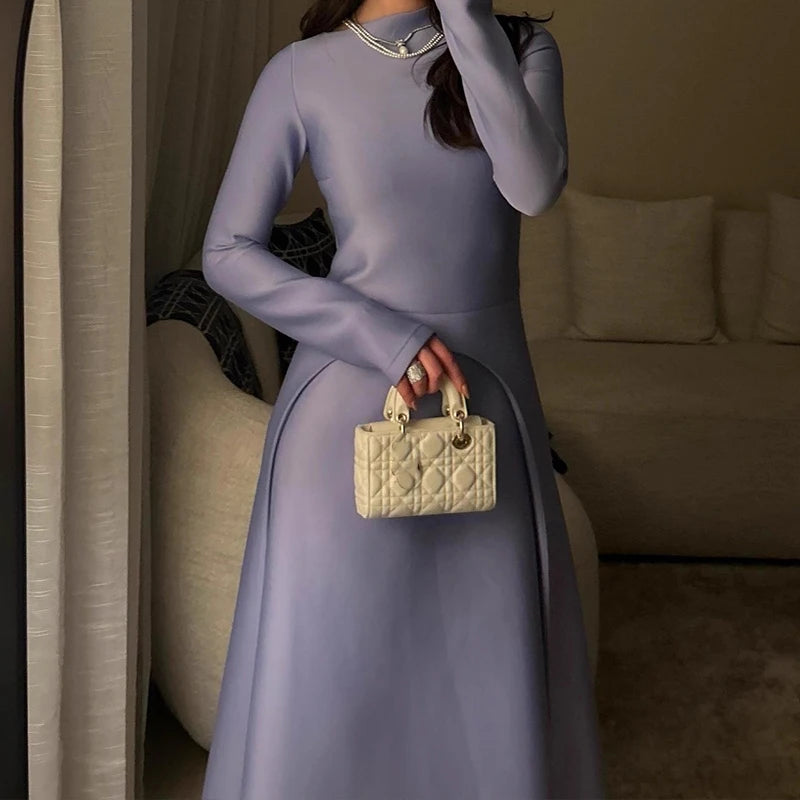 Ladies Elegant O-neck Long Sleeve Party Dress Women Fashion Splicing Hight Waist Evening Dress Casual Draped Solid Long Dresses